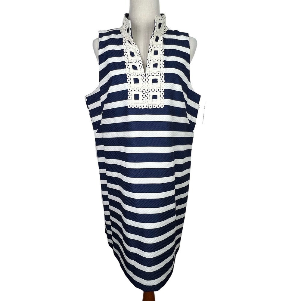 NEW Jessica Howard Size 18 Navy/White Stripe Crochet Trim Sleeveless Shift Dress